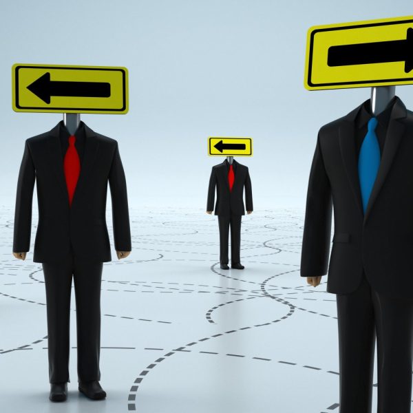 Arrow sign head business people standing together